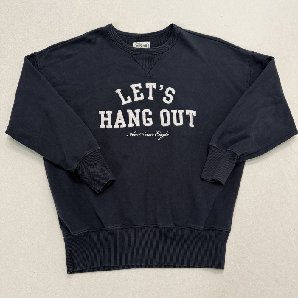 American Eagle Let's Hang Out Crewneck Sweatshirt Navy Blue Embroidered Size XS